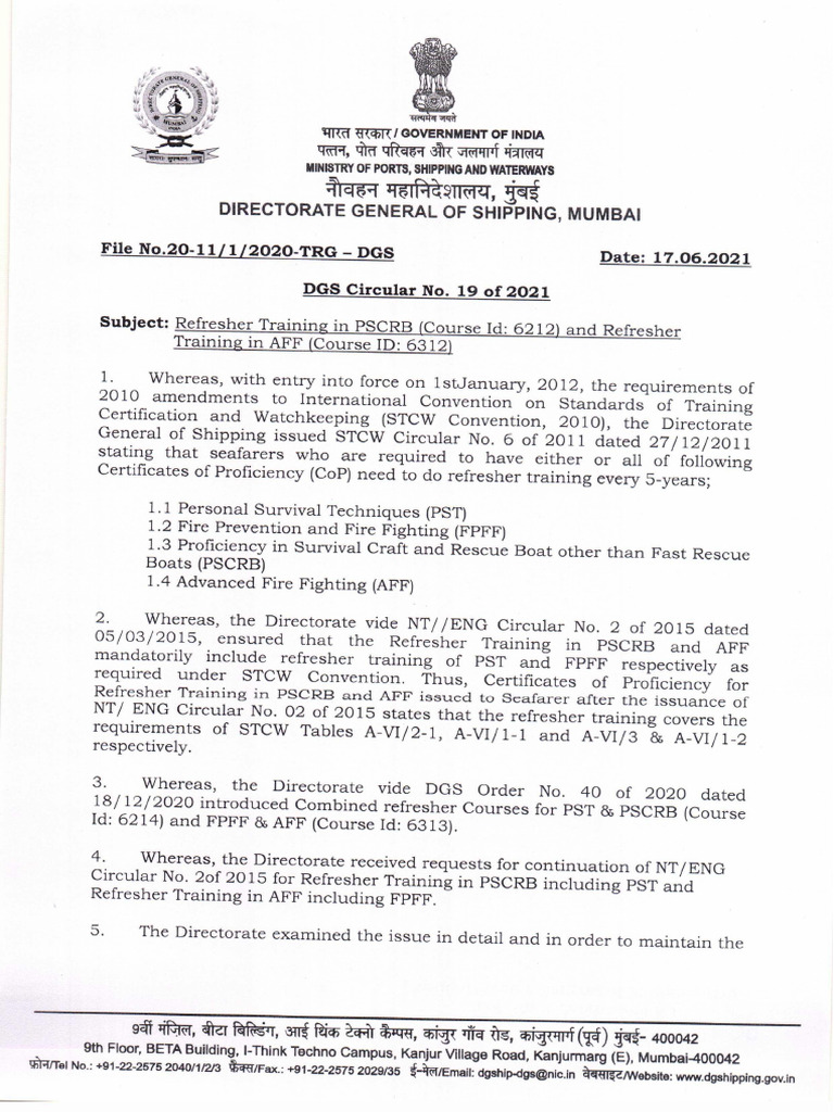 AFF PSCRB Ref Course DGS Circular 19 of 2021 PDF