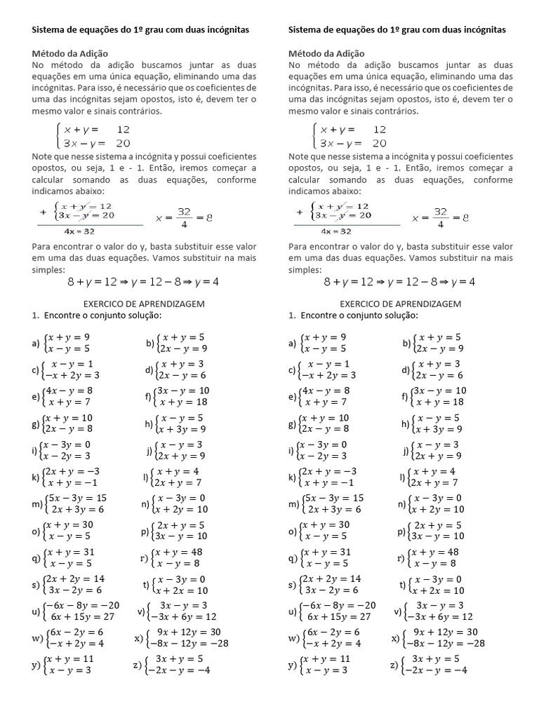 Exercícios: Sistema de Equações 1º Grau | PDF | Equações | Matemática ...