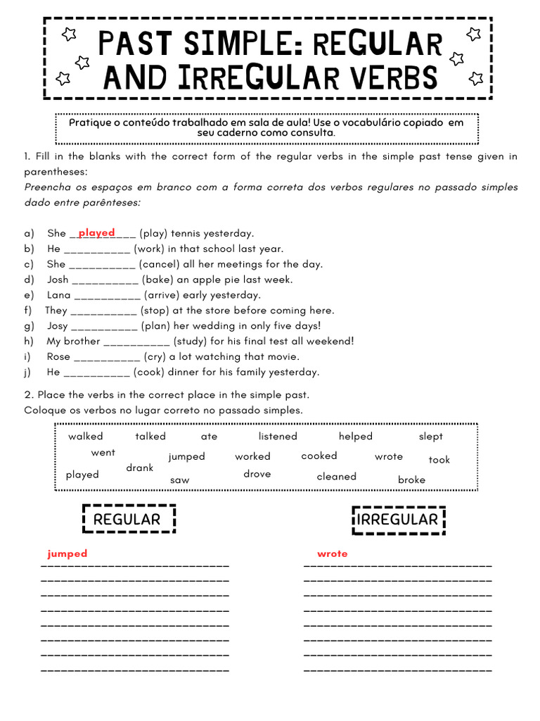 Past Simple Regular Irregular Verbs Practice Pdf Grammatical