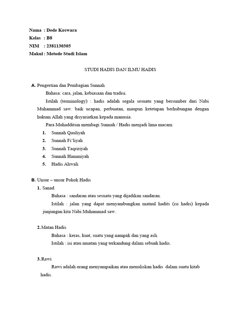 Studi Hadis: Pengertian dan Pembagian | PDF