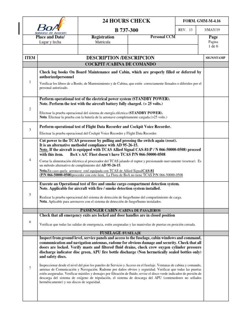 Form Gmm-m-4 16 737-300 Daily Check - Rev 13 | PDF | Vuelo | Partes de ...
