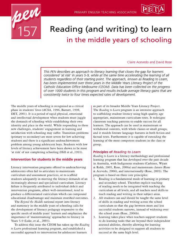 Reading and Writing To Learn in The Middle Years of Schooling | PDF ...