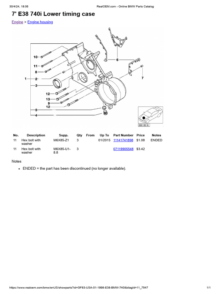 BMW E38 740i Timing Case Parts List | PDF | Business | Computers