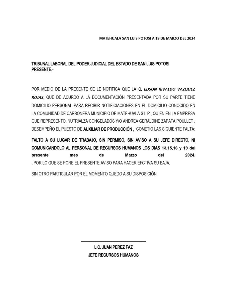Notificación de Baja Laboral en Matehuala | PDF | Finanzas y dinero ...