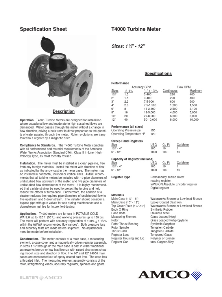 Amco T4000 WATER METER PDF Pipe (Fluid Conveyance) Turbine