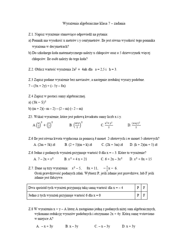 Sprawdzian Z Matematyki Klasa 7 Wyrażenia Algebraiczne Wyrażenia algebraiczne klasa 7 Zadania-1 | PDF