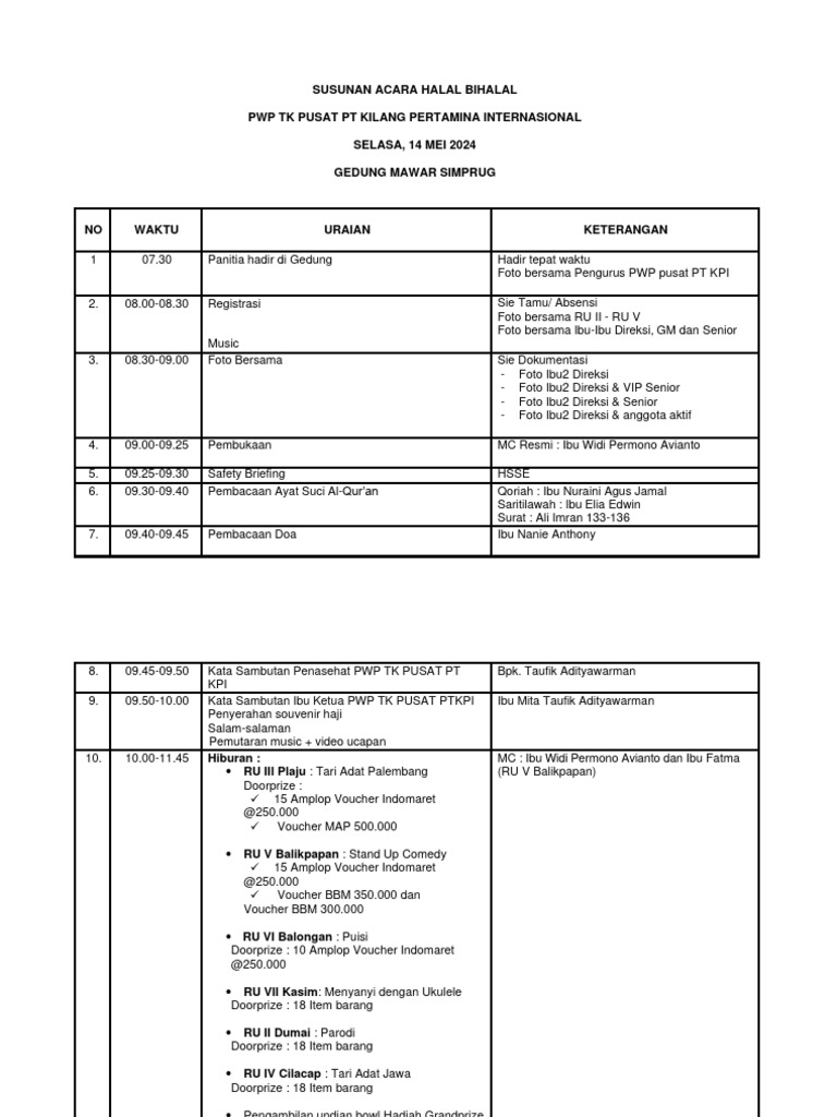 Susunan Acara Halal Bihalal PWP TK Pusat | PDF
