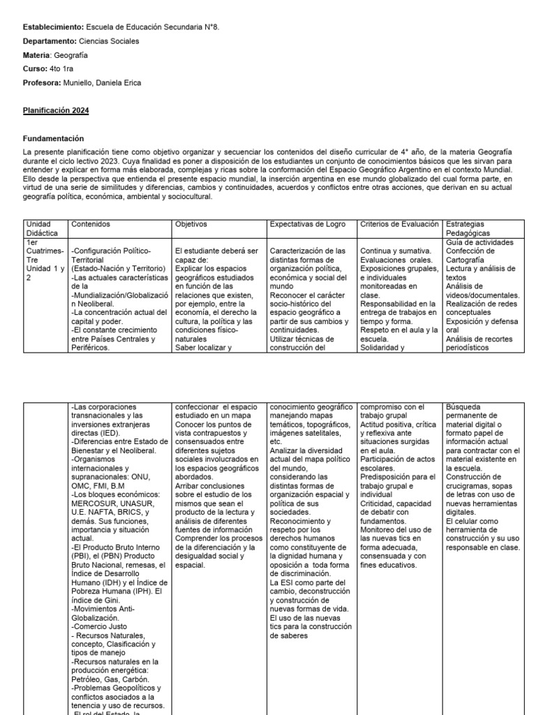 Planificación 4to Año | PDF | Geografía | Economias