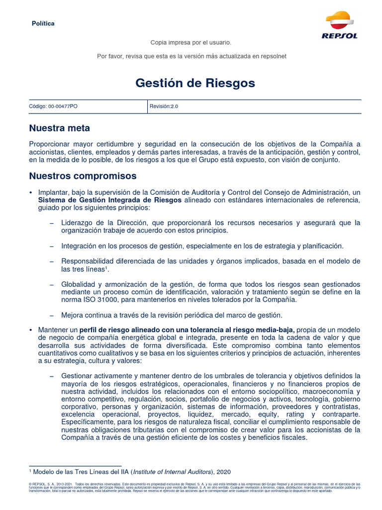 Política de Gestión de Riesgos Repsol | PDF | Planificación | Economias