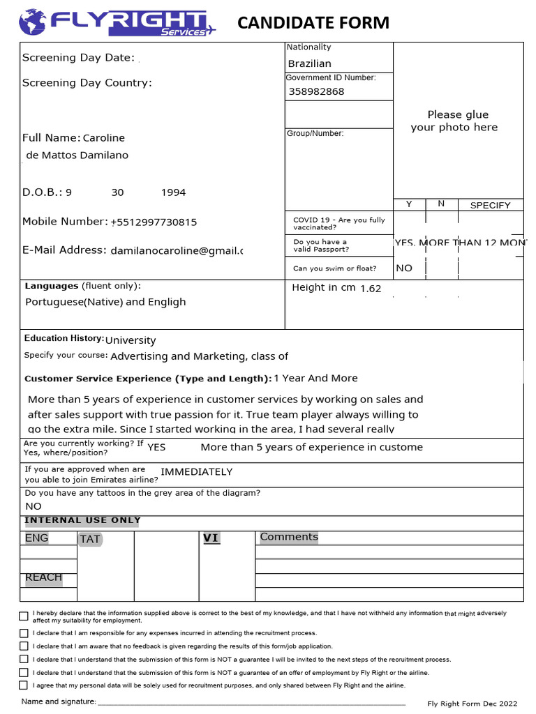 Emirates Airline Candidate Form | PDF