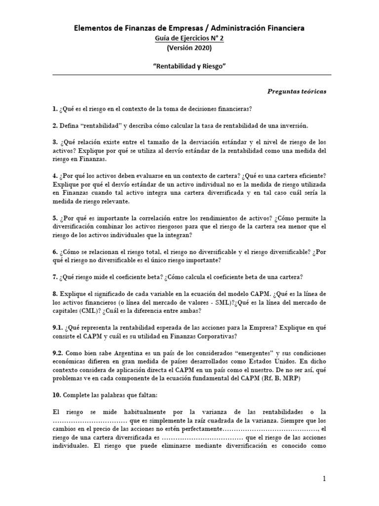 Guía: Rentabilidad y Riesgo en Finanzas | PDF | Modelo de fijación de ...