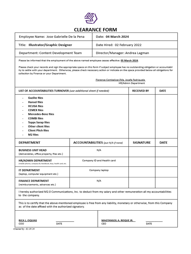 M2 CLEARANCE FORM - Jose Gabrielle de La Pena | PDF | Employment ...