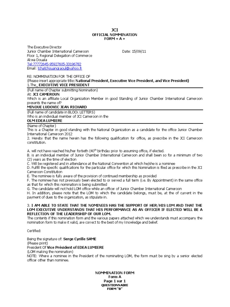 Jci Nomination Form (Vpe 2011) | PDF | Vice President Of The United States