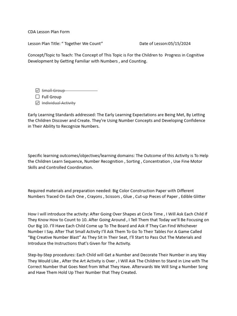 ii9 Form: Counting Lesson Plan | PDF | Learning | Procedural Knowledge