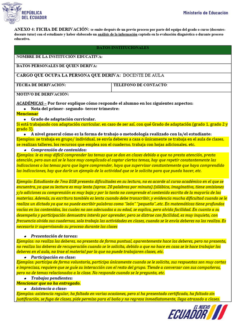Anexo 4 Ficha de Derivación de Casos - Escuela - de Docente de Aula A ...