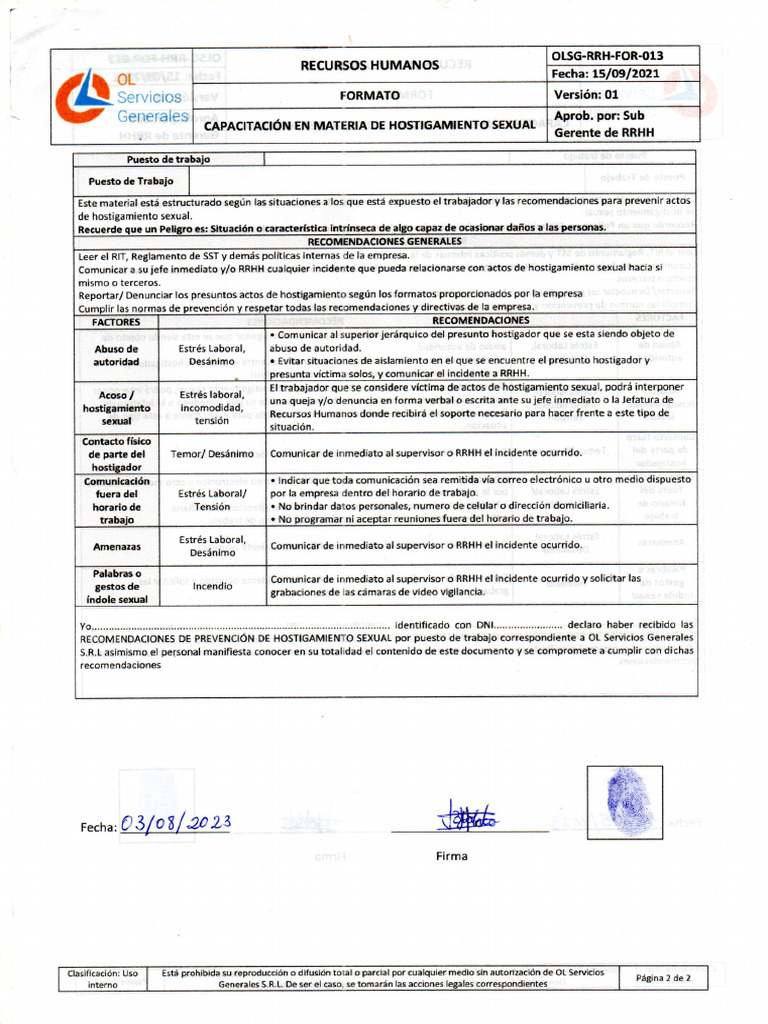 OLSG-RRH-FOR-013 CapacitacionHostigamiento | PDF