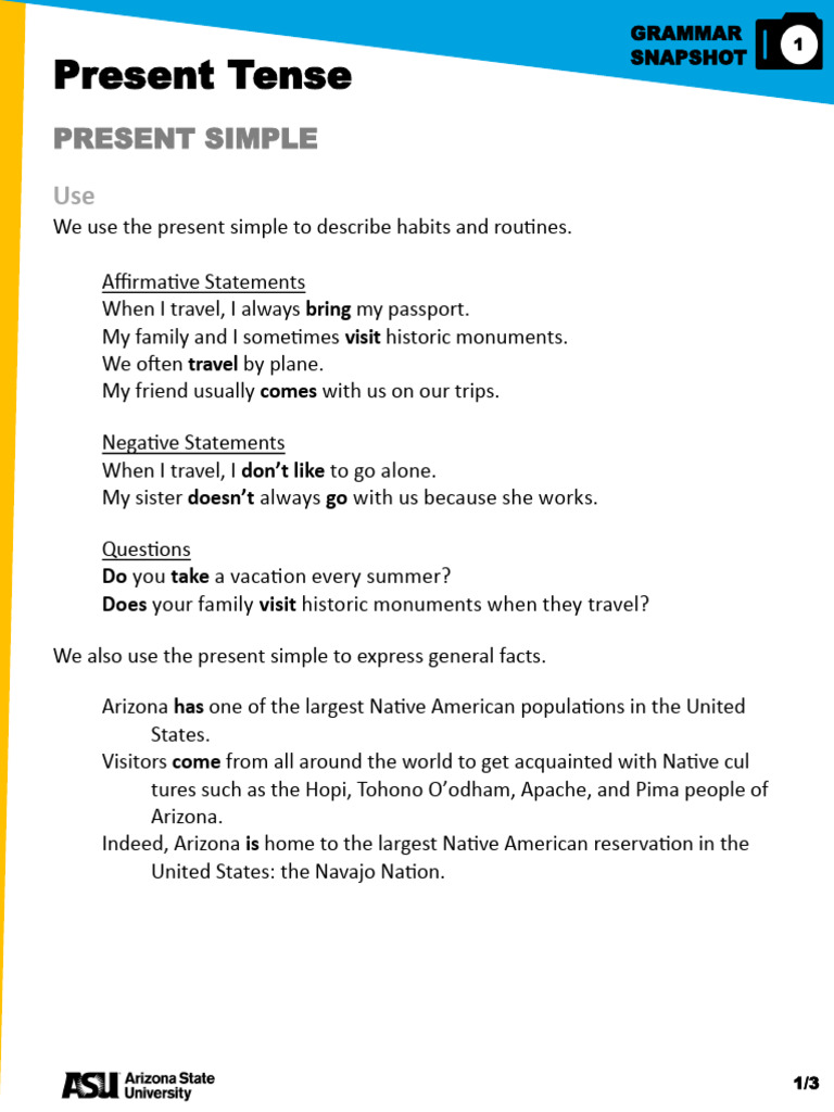 Grammar Snapshot 1 - Present Tense | PDF | Verb | Grammatical Tense