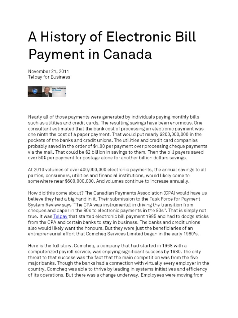 A History Of Electronic Bill Payment In Canada Payments Cheque
