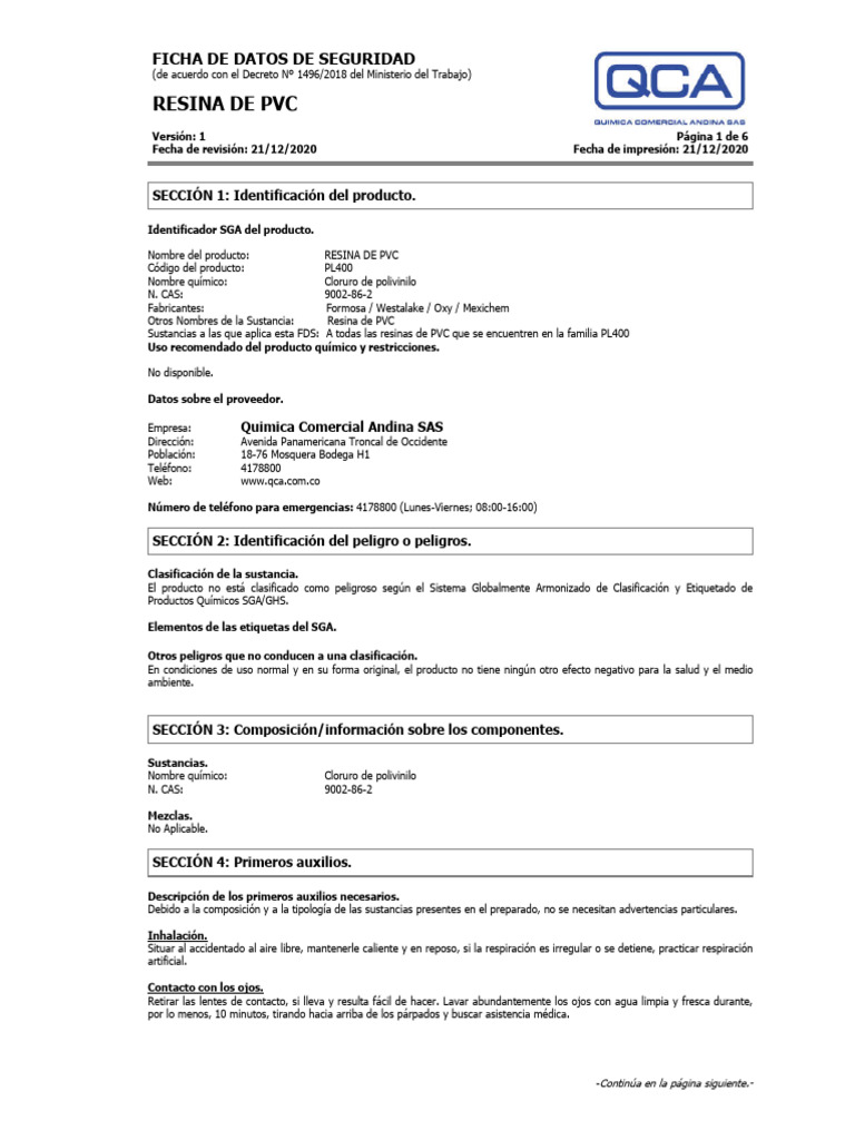 Ficha de Seguridad: Resina de PVC | PDF | Agua | Transporte