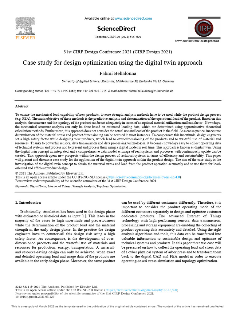 Case study for design optimization using the digital twin approach