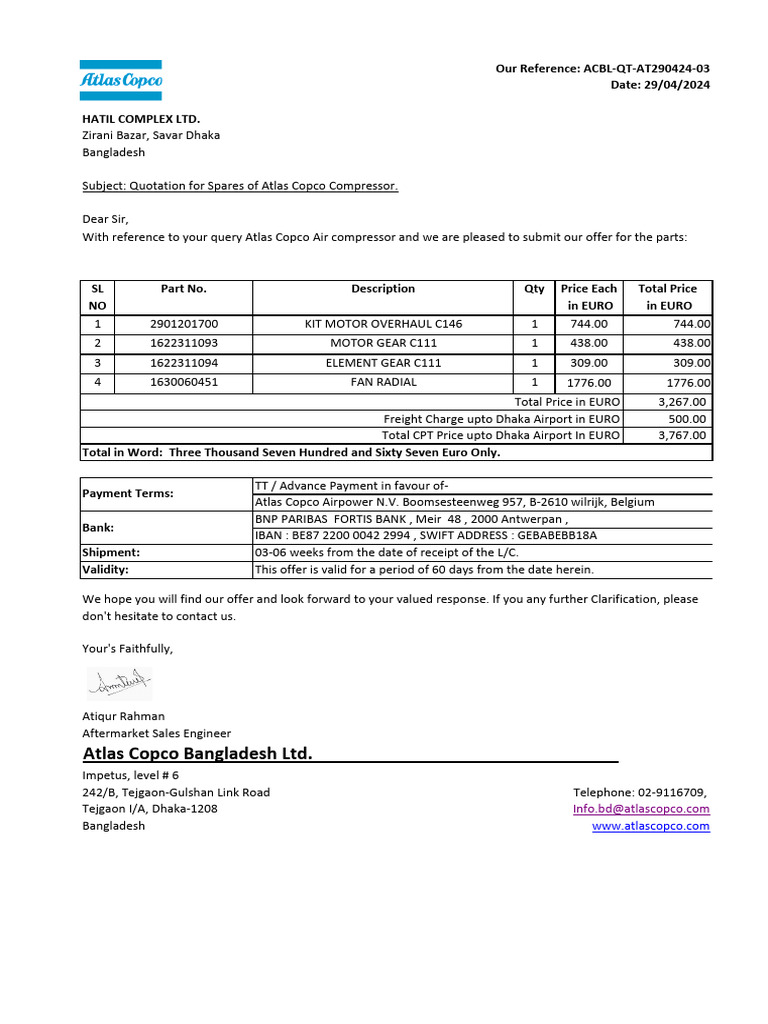 Quotation for Atlas Copco Parts | PDF | Computers | Technology ...