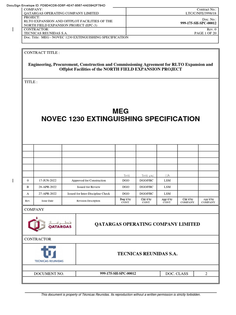 NOVEC 1230 Extinguishing Specification | PDF | Pipe (Fluid Conveyance ...