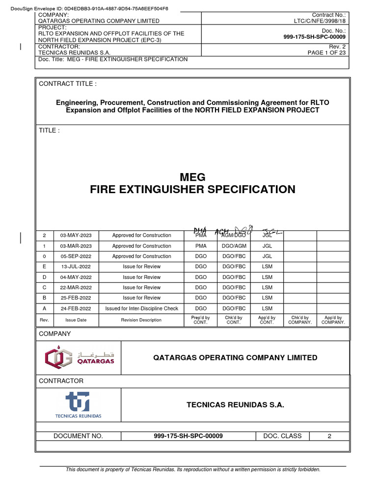 999-175-SH-SPC-00009 MEG Fire Extinguisher Specification | PDF | Materials