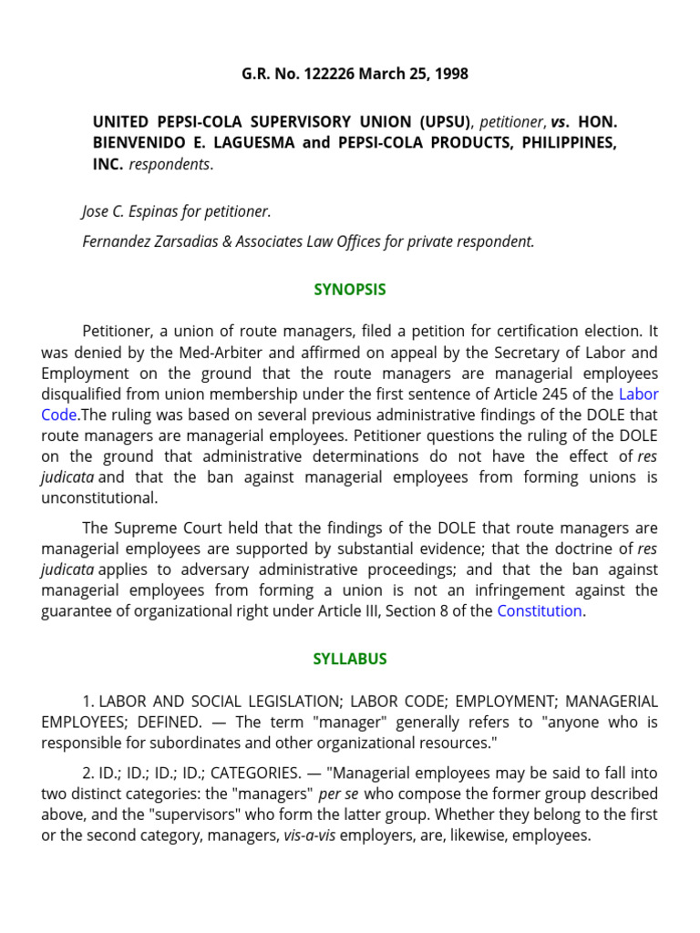United Pepsi Cola Supervisors Union v. Laguesma PDF Employment