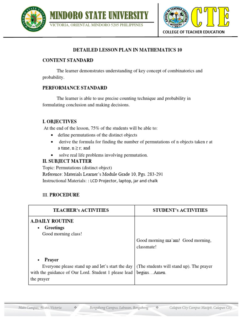 Permutations in Mathematics 10 Lesson Plan | PDF | Permutation | Learning