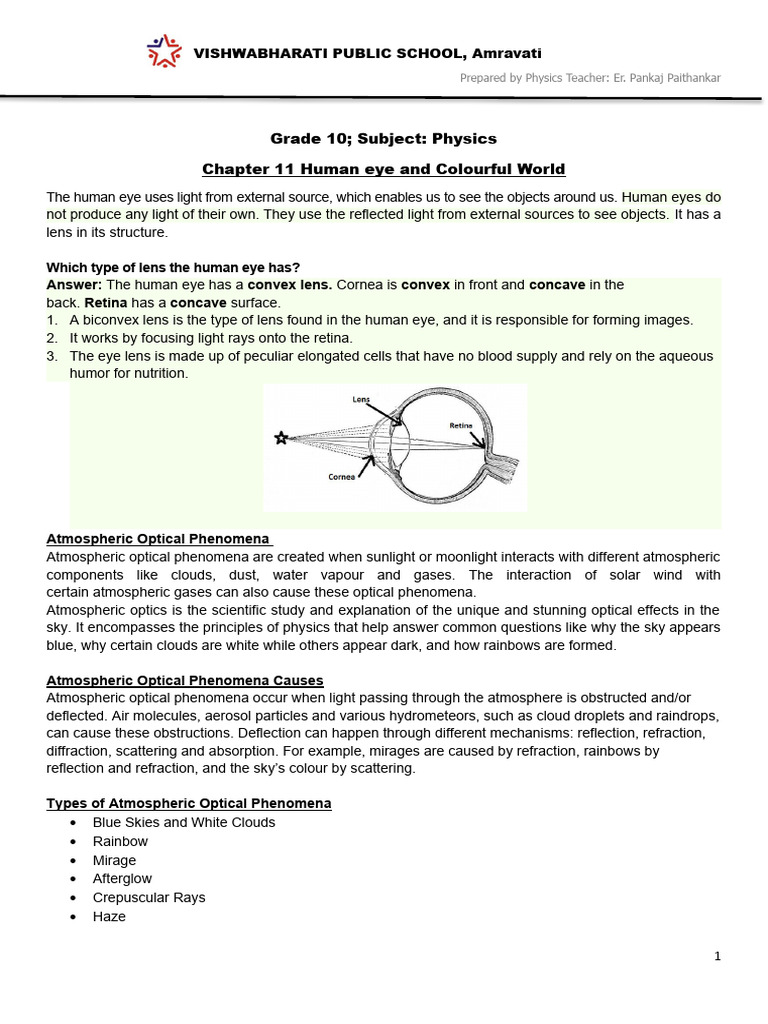 CH 11 Human Eye and Colourful World - Notes | PDF | Eye | Human Eye
