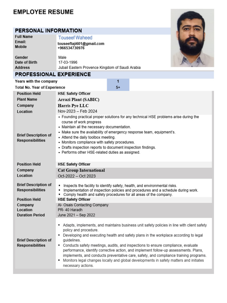 Touseef Waheed HSE Safety Officer | PDF | Occupational Safety And ...