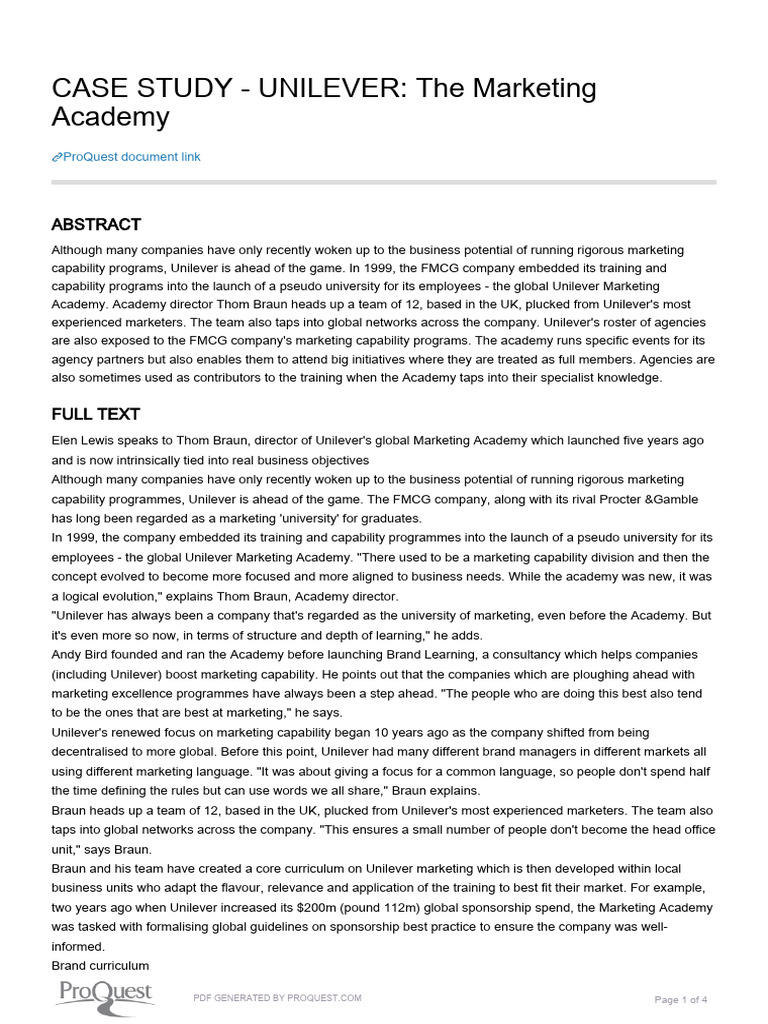 Case Study Unilever The Marketing Academy Pdf Brand Unilever