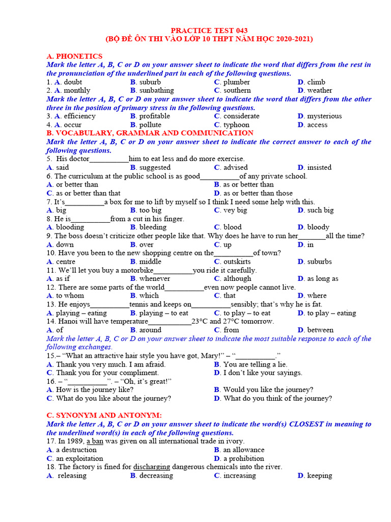 Grade 10 English Practice Test 2020-2021 | PDF | Penguin | Birds