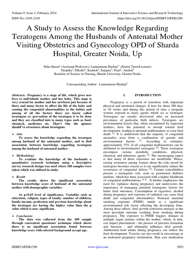 A Study To Assess The Knowledge Regarding Teratogens Among The Husbands ...