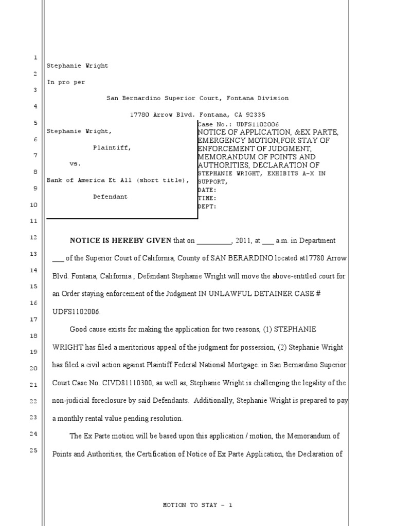 Exparte Motion To Stay Pending Appeal and Civil Case Fontana  PDF