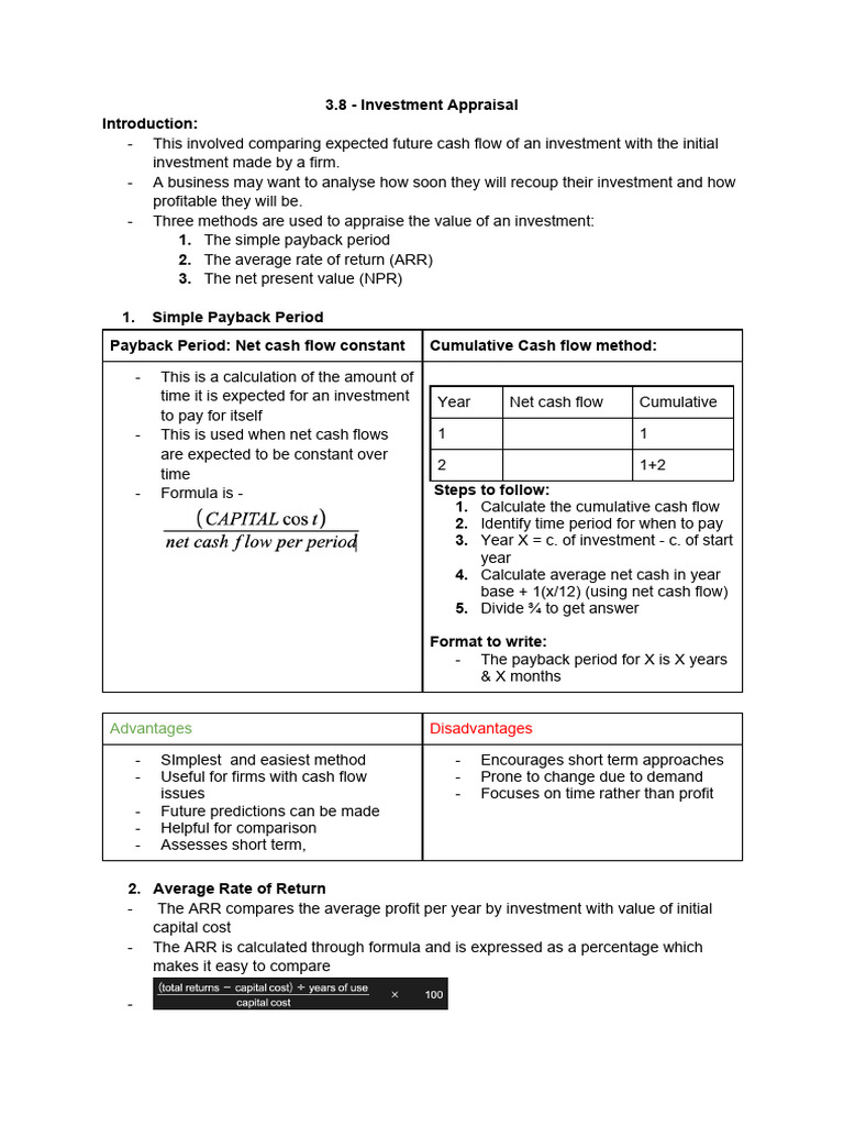 3.8 Investment Appraisal PDF Investing Capital Budgeting