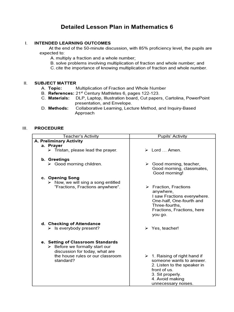 Grade 6 Math Lesson: Multiplying Fractions | PDF | Learning | Mathematics