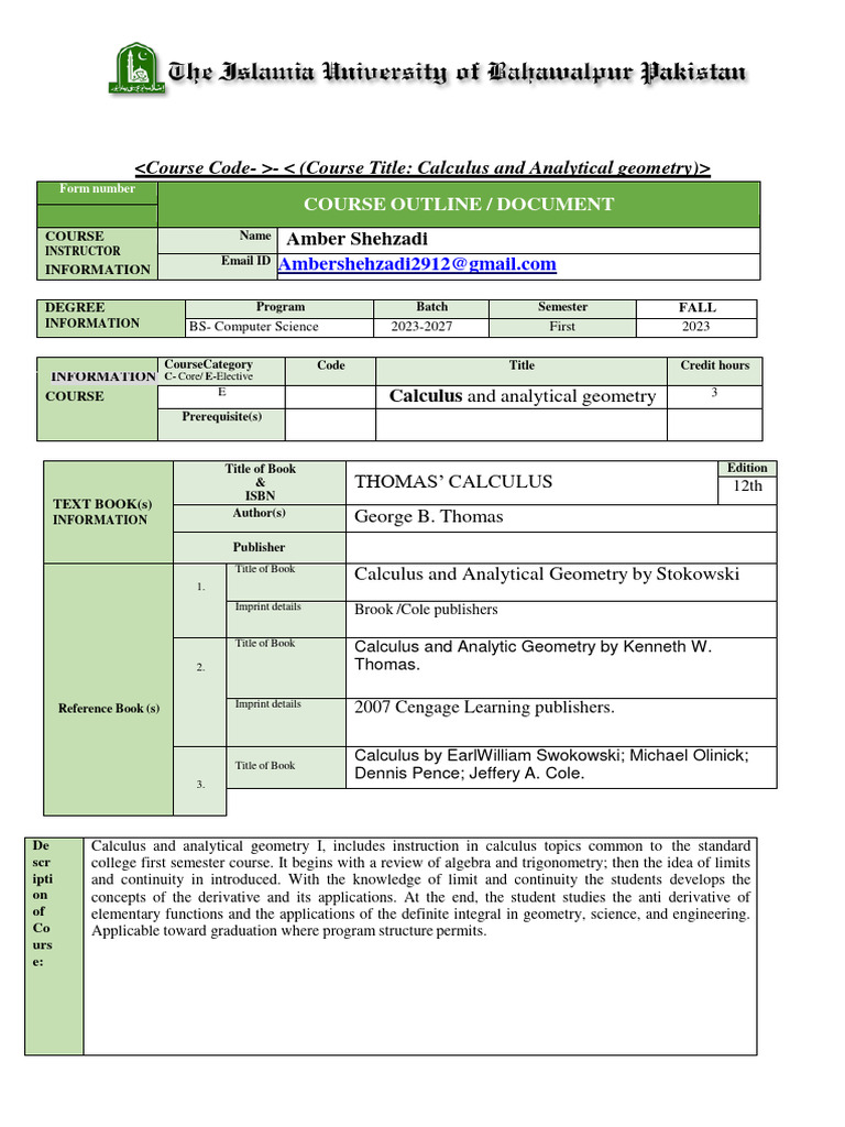 Calculus & Geometry Course Outline | PDF | Derivative | Function ...