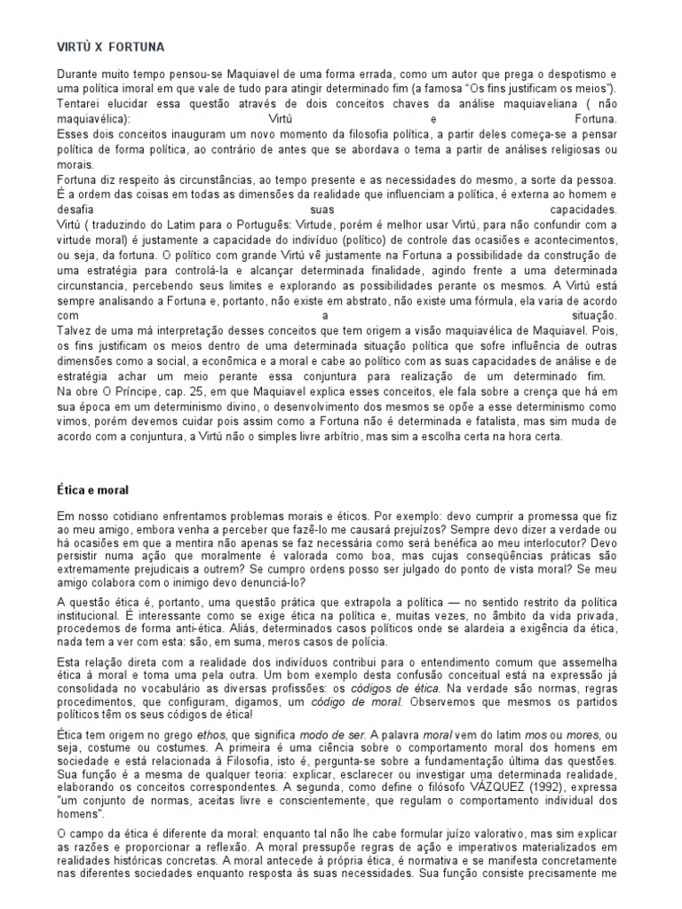 VIRTÙ X FORTUNA Moralidade Nicolau Maquiavel