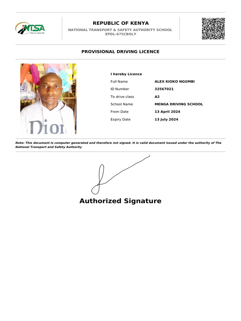 Kenya Provisional Driving Licence EPDL-675CBOLY | PDF