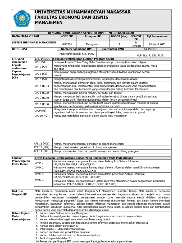 RPS Sistem Informasi Manajemen MBKM Andi Risfan Rizaldi | PDF