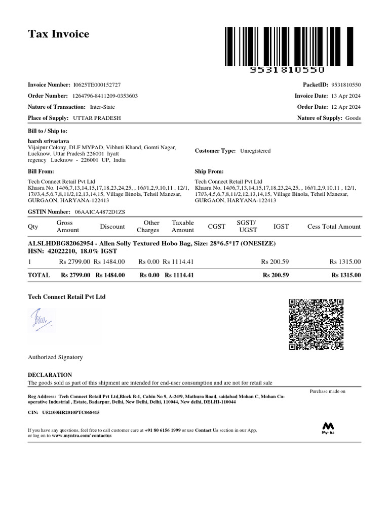 Tax Invoice for Allen Solly Bag Purchase | PDF | Public Finance | Taxation