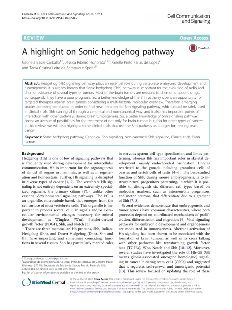 A Highlight On Sonic Hedgehog Pathway Review Open Access PDF