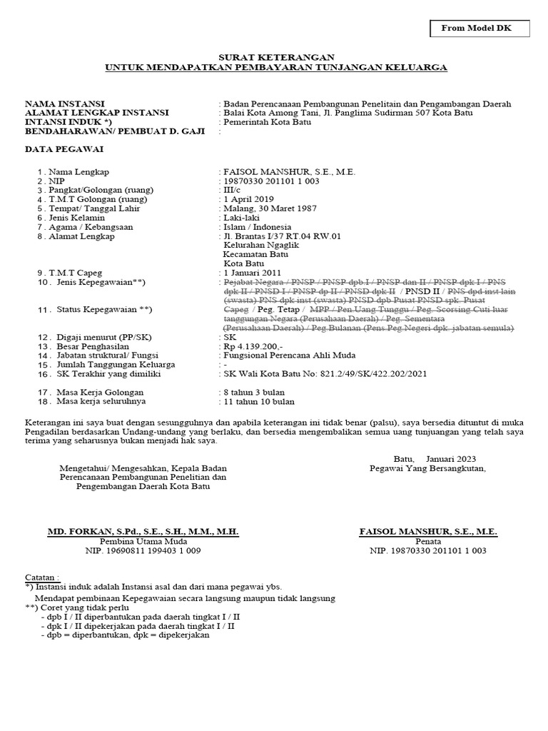 Surat Keterangan Tunjangan Keluarga PNS | PDF