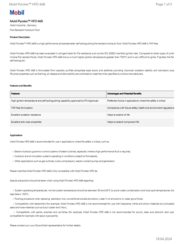 GL XX Mobil Pyrotec HFD 46B | PDF | Exxon Mobil | Chemical Substances