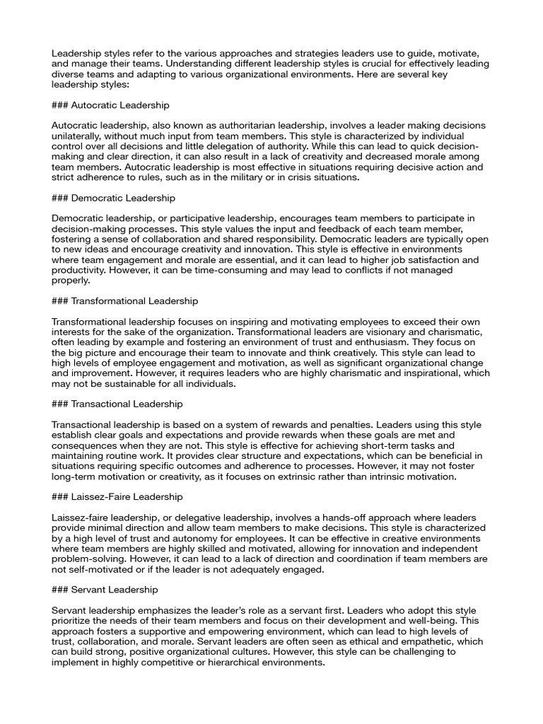 Key Leadership Styles Explained | PDF | Leadership | Transformational ...