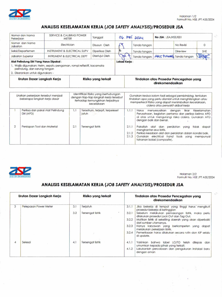 1 JSA Service Dan Calibrasi Power Meter PT Fajar Surya Wisesa | PDF