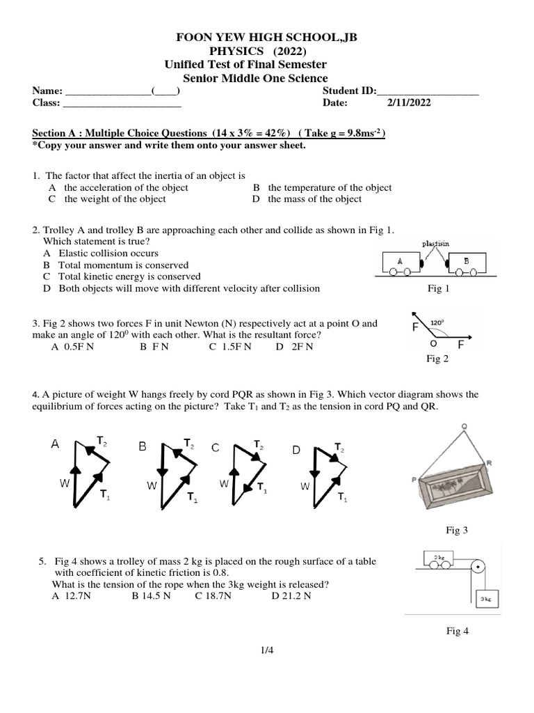 Physics Unified Test 2022 - Form 1 | PDF | Force | Gases