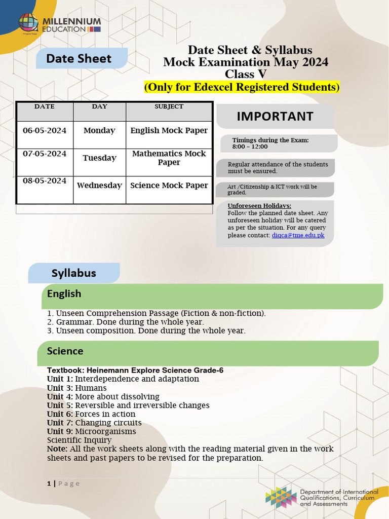 Grade 5 Mock Exam Schedule 2024 | PDF | Area