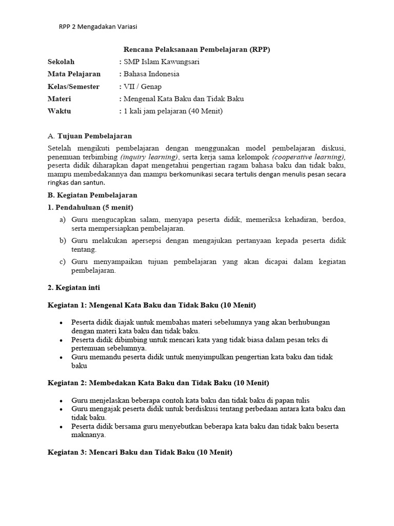 Contoh RPP Bahasa Indonesia SMP | PDF